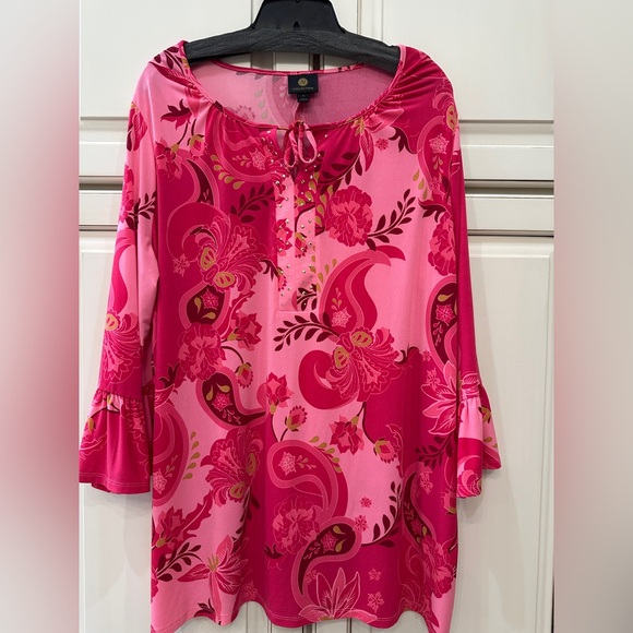 JM Collection Pink and Red Floral Blouse - Picture 1 of 7